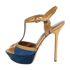 Sergio Rossi Blue Suede & Leather T-Bar Platform Ankle Strap Sandals Size 39