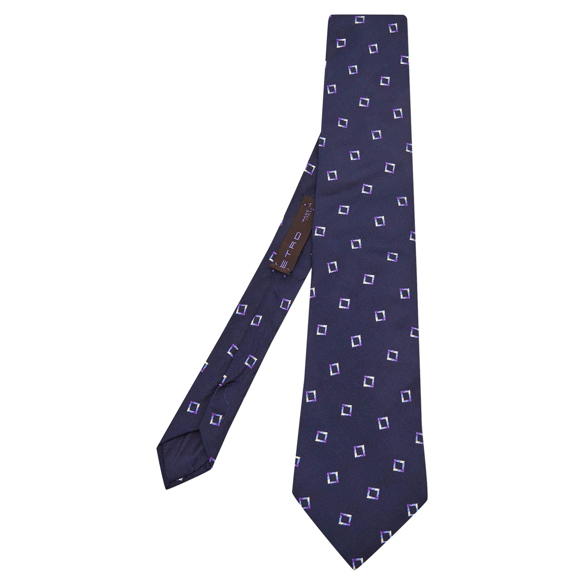 Etro Navy Blue Square Patterned Silk Jacquard Tie