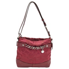 Coach Burgundy Signature Satin and Leather Chain Detail Hobo
