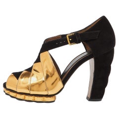Marni Schwarz/Gold Wildleder und Leder Peep Toe Plateausandalen Größe 40,5