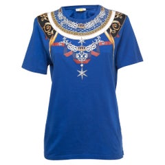 T-shirt col ras du cou en tricot de coton imprimé bleu de la collection Versace M