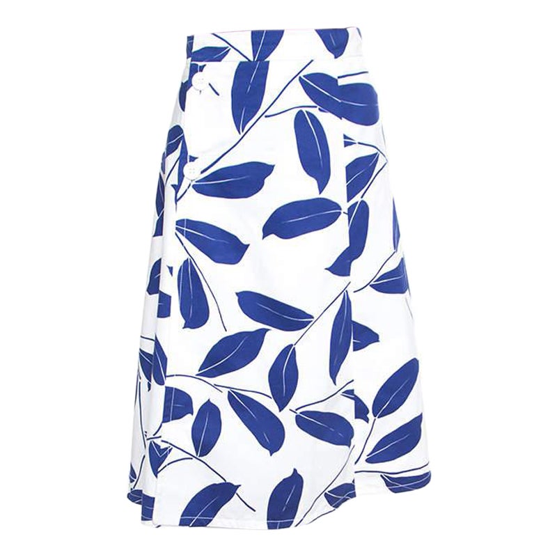 Marni White and Blue Leaf Print Cotton and Linen Drill Wrap Skirt M For Sale