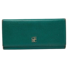 CH Carolina Herrera Green Leather Flap Trifold Continental Wallet