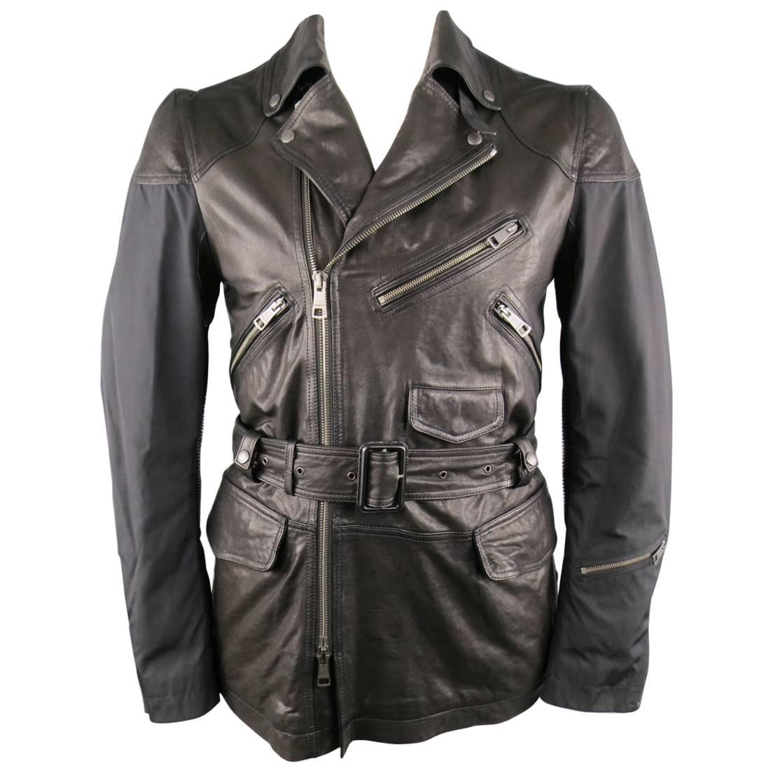 Men's BURBERRY BRIT Jacket 40 Black Nylon & Leather Biker Style Trench Coat