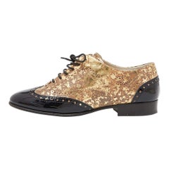 Chanel Metallic Gold/Black Patent Leather Brogue Lace-Up Oxford Size 37