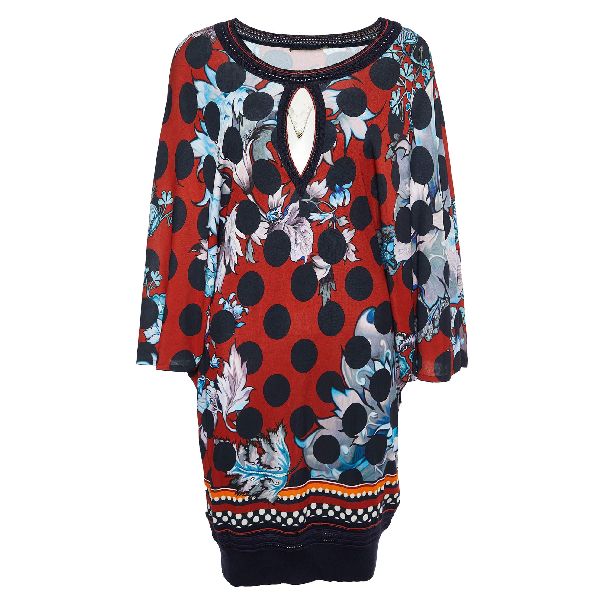 Roberto Cavalli Red Floral Printed Jersey & Knit Trim Mini Dress M For Sale