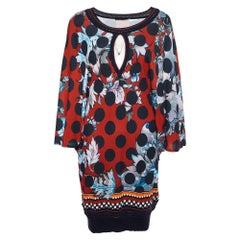 Roberto Cavalli Red Floral Printed Jersey & Knit Trim Mini Dress M