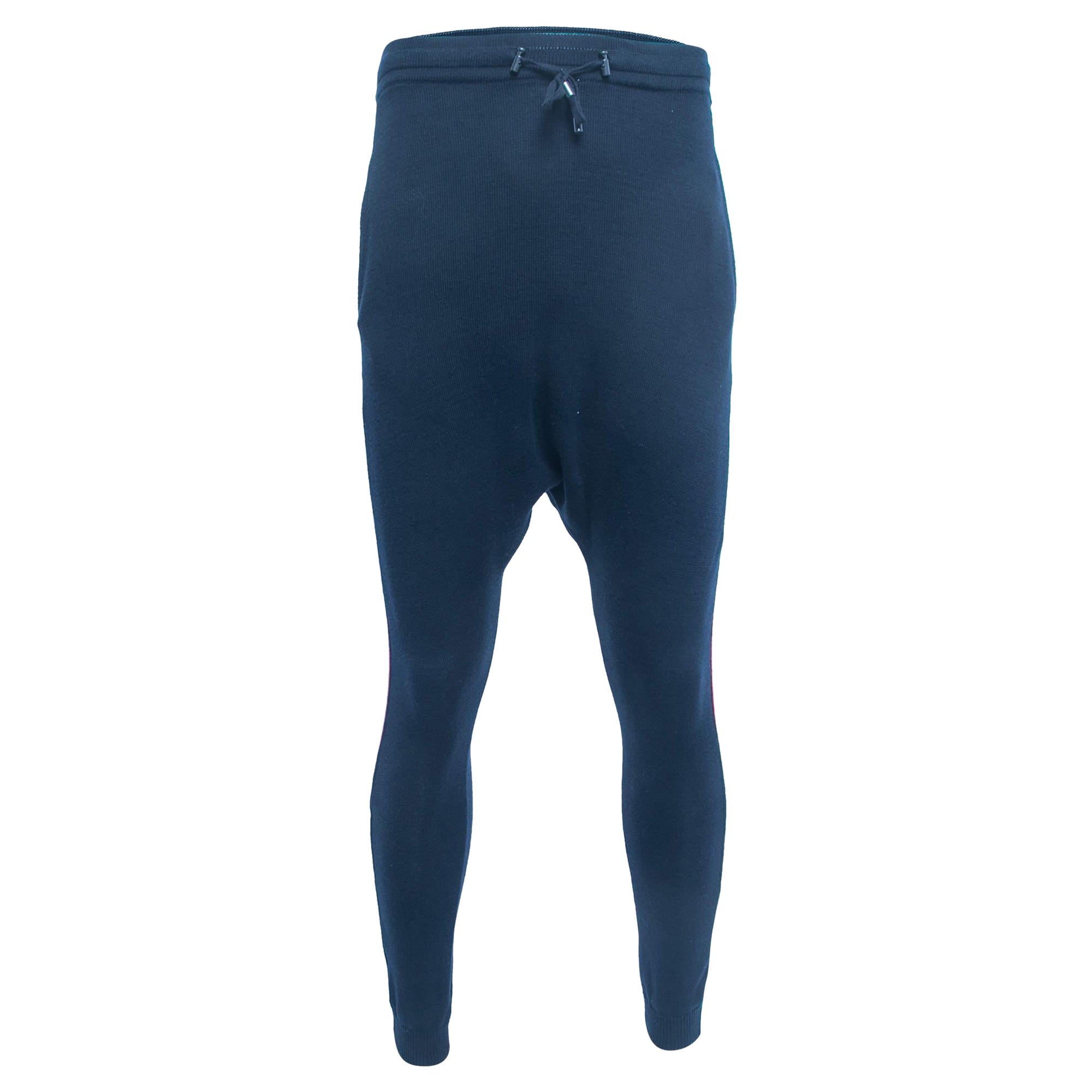 Balmain Navy Blue Cotton Side Stripe Detail Drawstring Yoga Pants XS For Sale