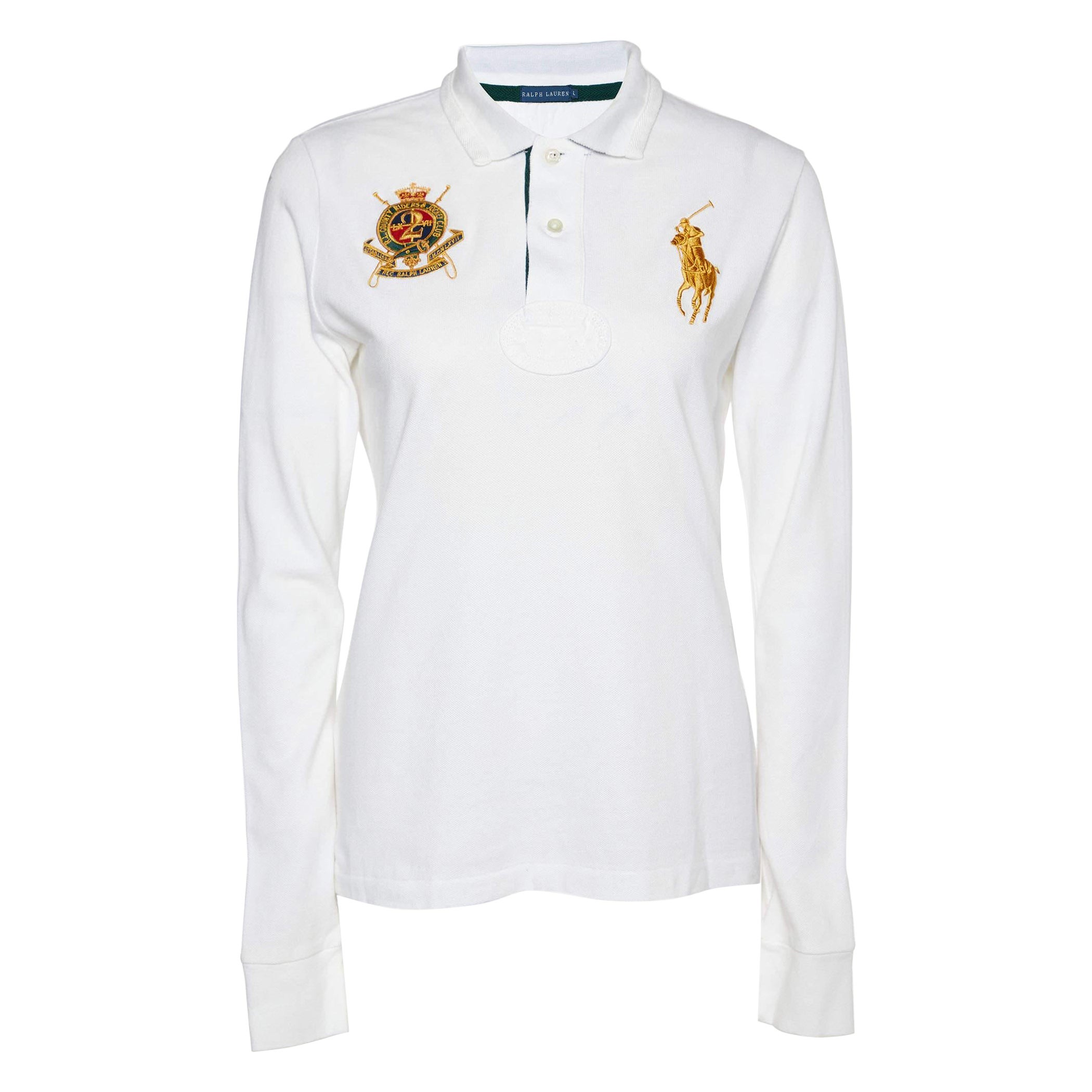 Ralph Lauren White Embroidered Cotton Knit Long Sleeve Polo T-Shirt L For Sale