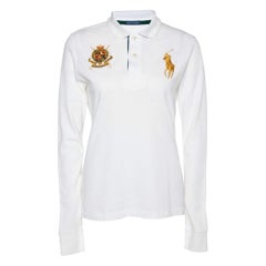 Polo de manga larga Ralph Lauren de punto de algodón blanco bordado L