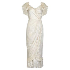 1970s Andrea Wilkin Silk Ivory Fantasy Bridal Dress in Edwardian Style