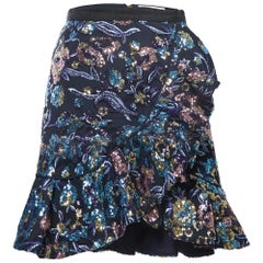 Self-Portrait Blue Floral Sequined Ruffled Mini Skirt S