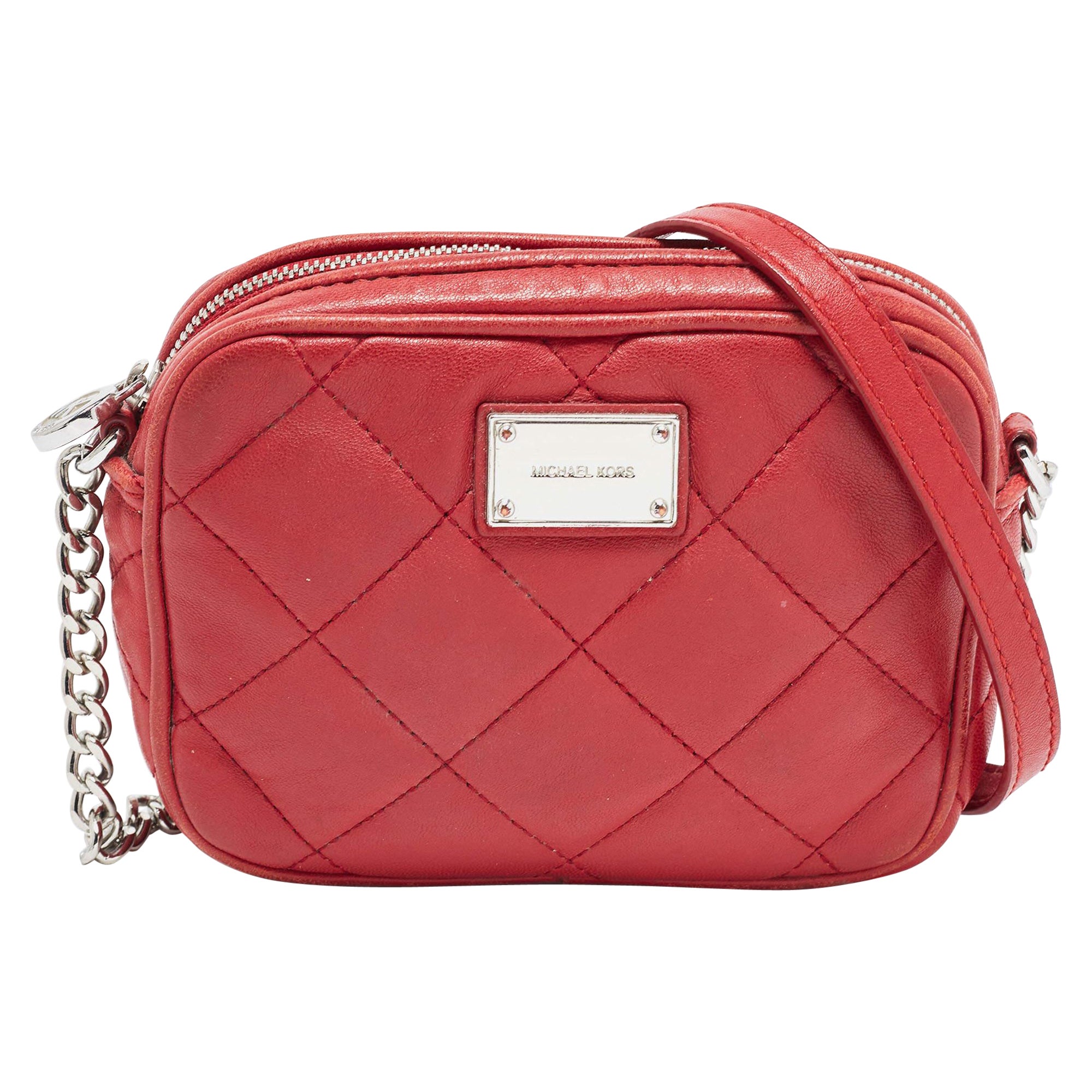 Michael Kors Red Quilted Leather Camera Shoulder Bag For Sale