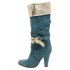 Marc Jacobs Blau/Gold Wildleder und Leder Mild Kalbsleder Stiefel Größe 37,5