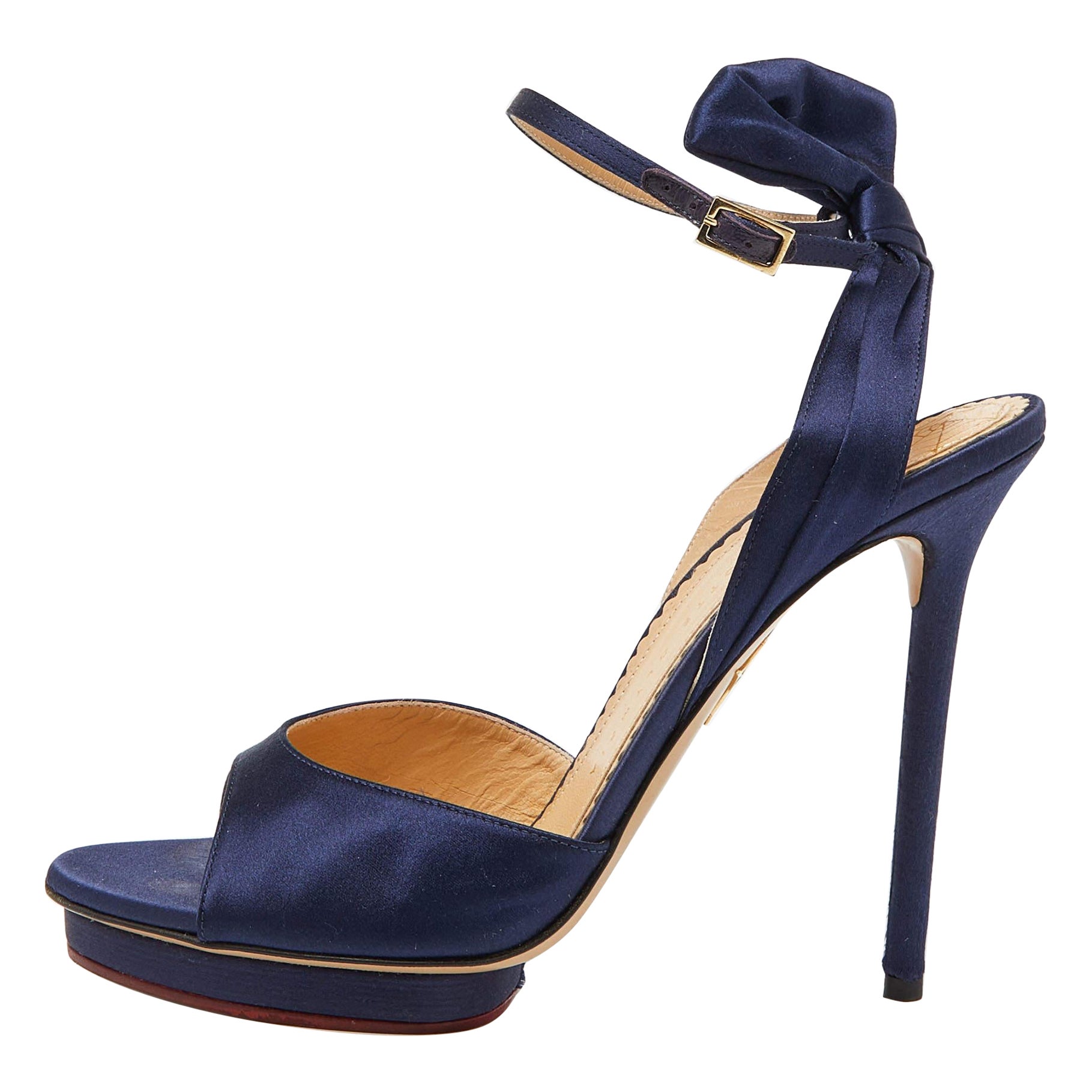Charlotte Olympia Blue Satin Wallace Ankle Strap Sandals Size 41 For Sale