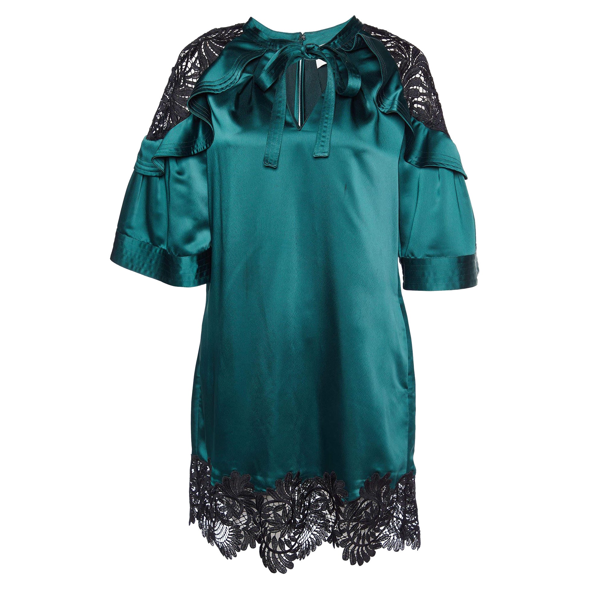 Self-Portrait Dark Green Satin & Lace Shift Dress M