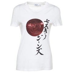 Moschino Jeans Weißes, verziertes und bedrucktes T-Shirt aus Baumwollstrick M
