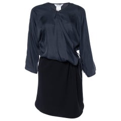 Max Mara Navy Blue Silk & Crepe Draped Midi Dress M