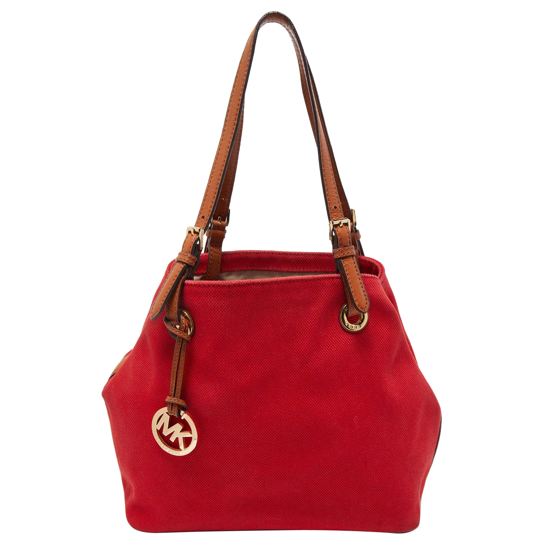 Michael Kors Red/Brown Canvas and Leather Large Raven Shoulder Bag For Sale