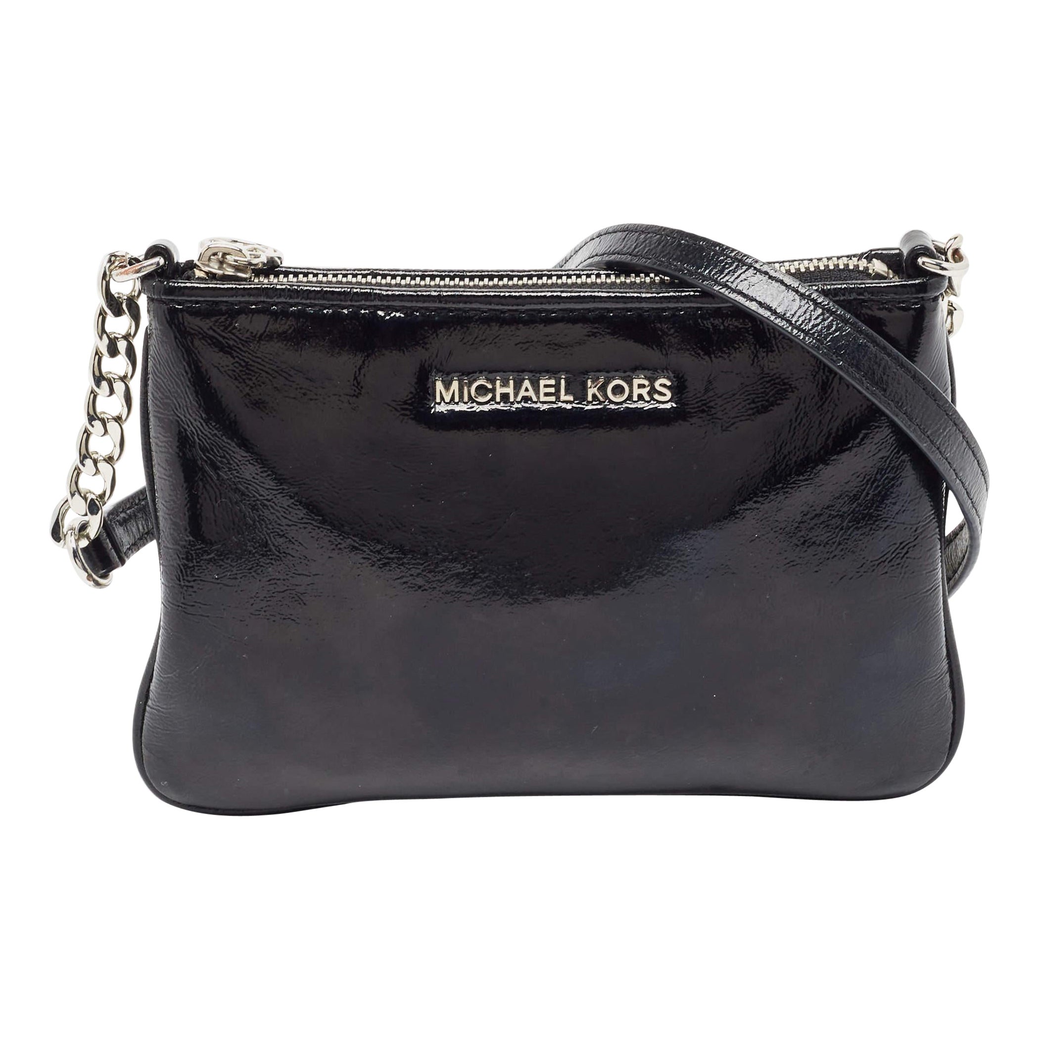 Michael Kors Black Patent Leather Zip Crossbody Bag For Sale
