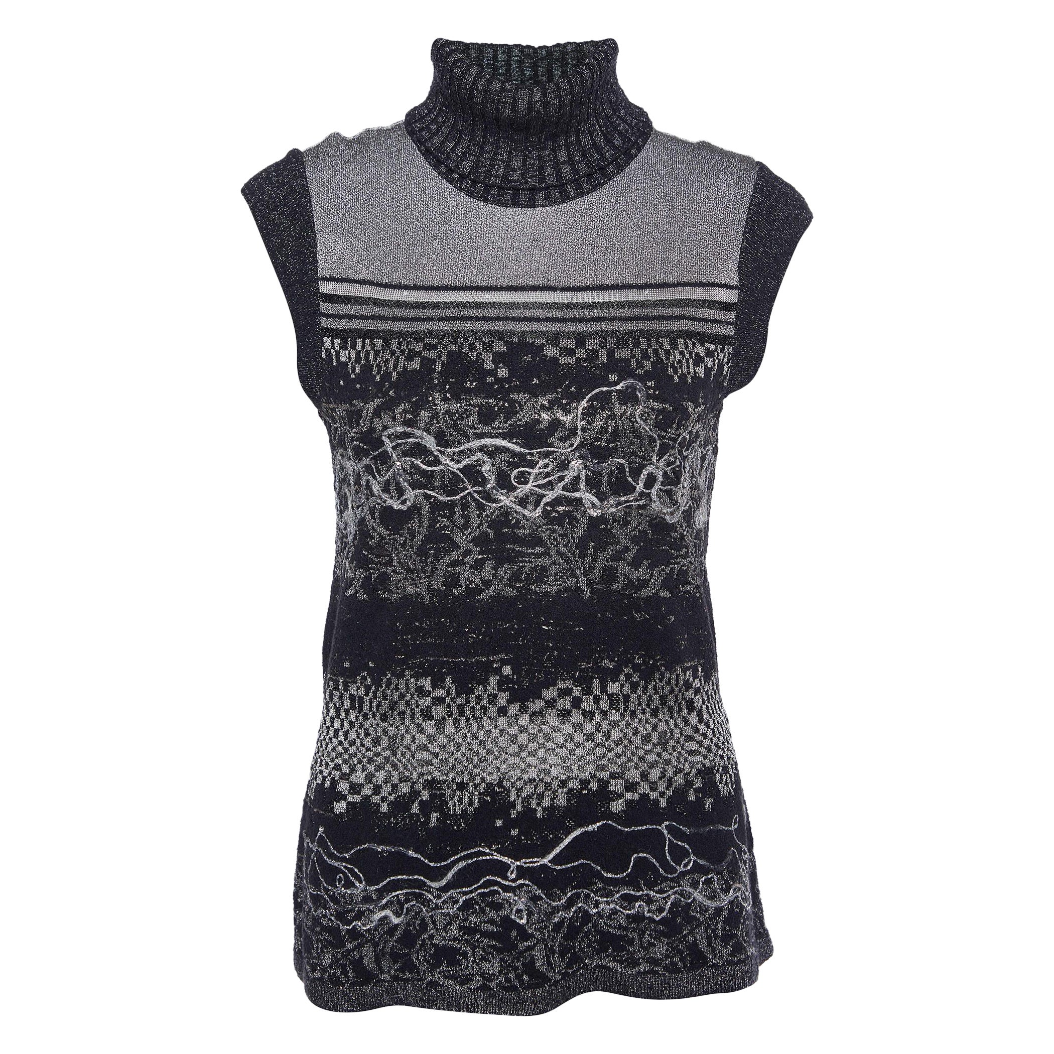 Kenzo Black Intarsia Lurex Knit Turtleneck Sweater sans manches L en vente
