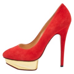 Charlotte Olympia Red Suede Dolly Platform Pumps Size 38.5