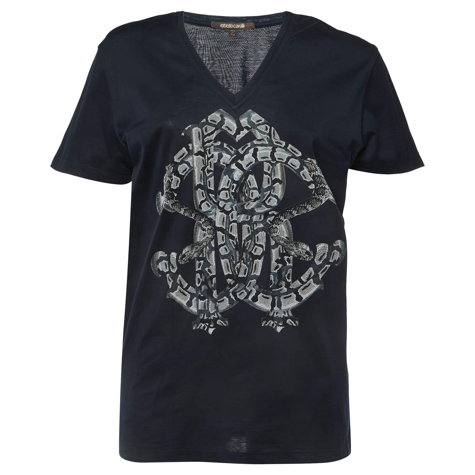 Roberto Cavalli Navy Blue Logo Print Cotton V-Neck Half Sleeve T-Shirt M For Sale
