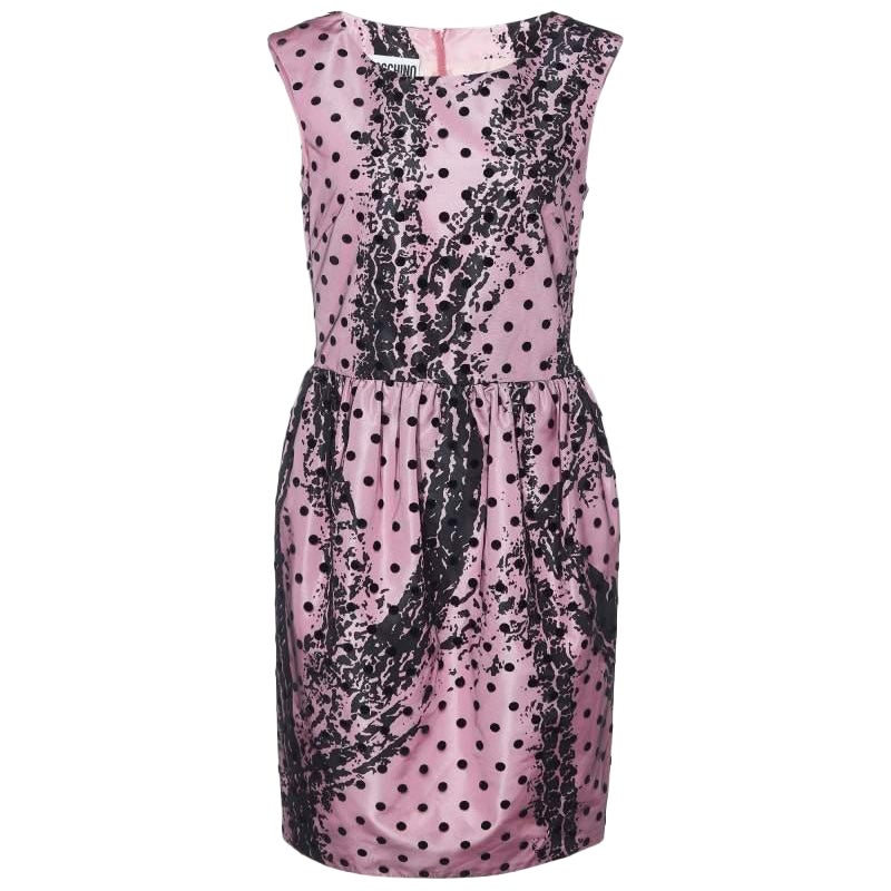 Moschino Couture Rosa bedrucktes ärmelloses Etuikleid aus Satin & gepunktetem Tüll M im Angebot