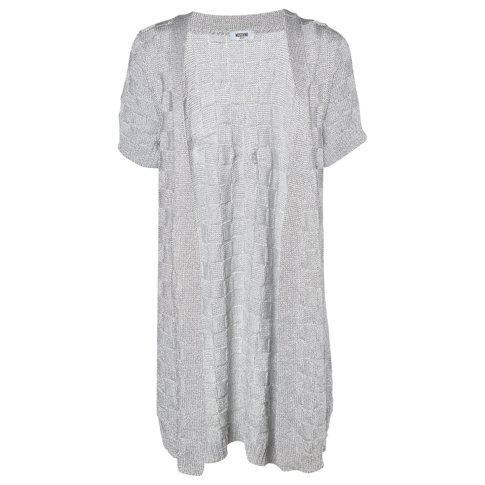 Moschino Jeans Silver Lurex Knit Open Front Cardigan L