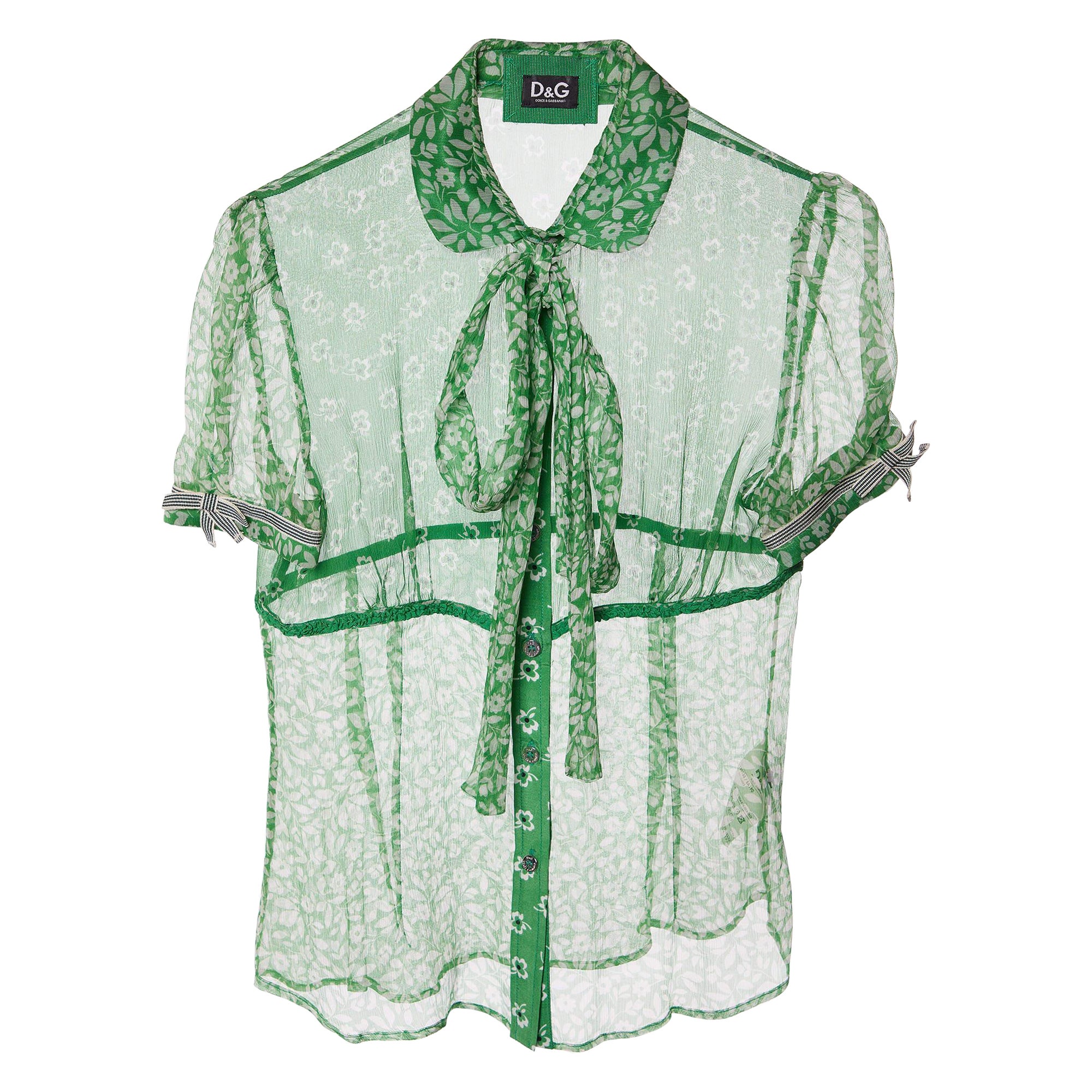 D&G Green Floral Printed Silk Neck Tie Detail Top M For Sale