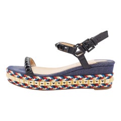 Christian Louboutin Leather & Denim Pyraclou Wedge Platform Sandals Size 36