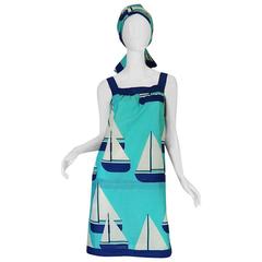 1960s Hermes SailBoat Print Shift Dress & Scarf 2