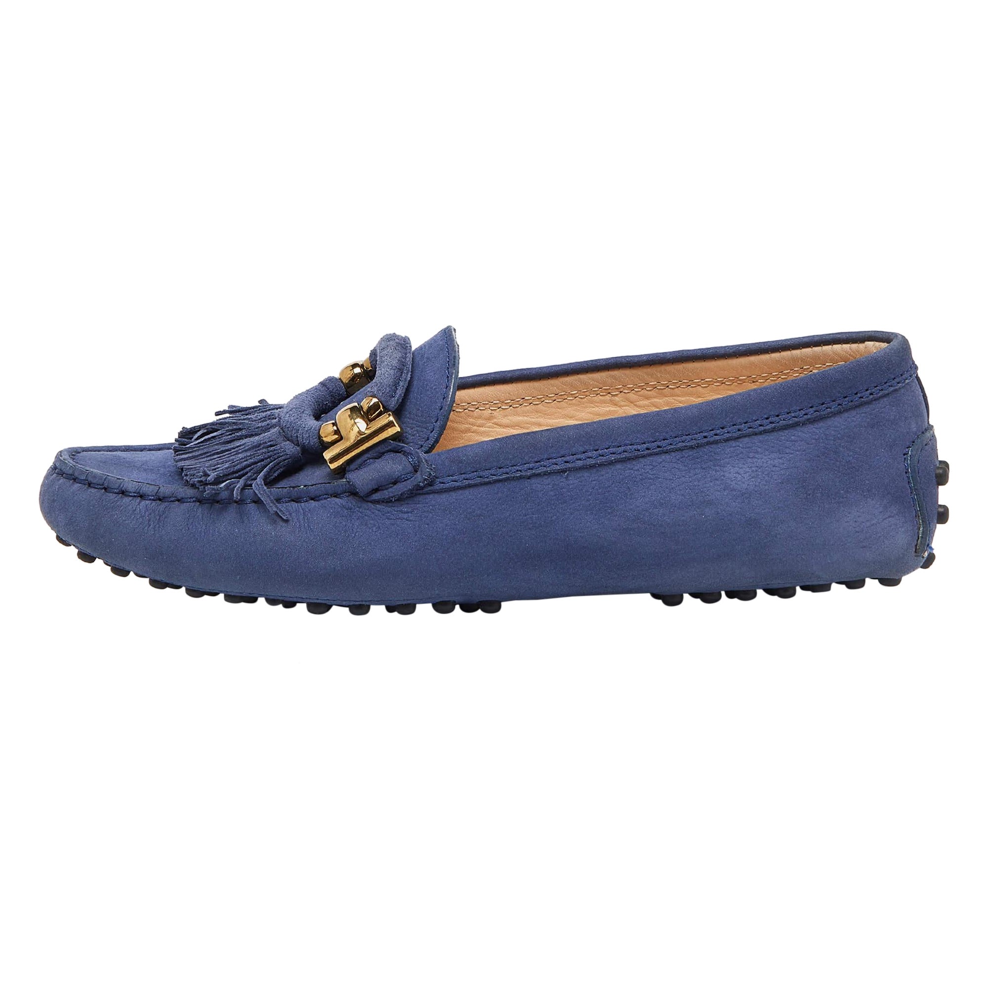 Tod's Blue Suede Fringe Slip On Loafers Size 35 For Sale