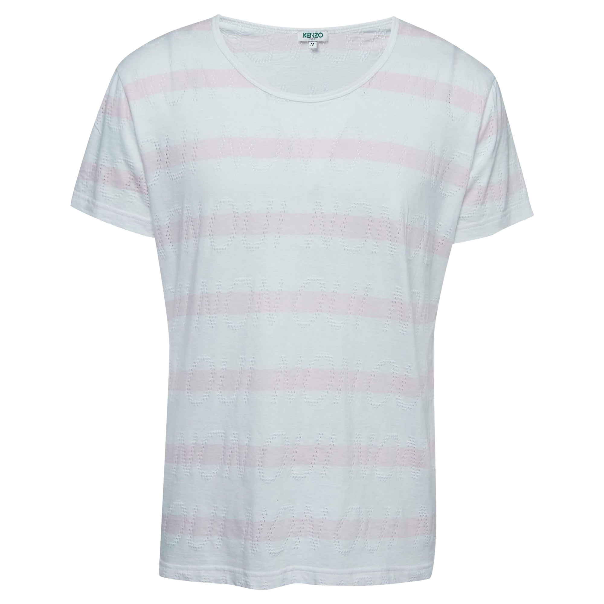 Kenzo Camiseta blanca/rosa estampada de algodón con cuello redondo y media manga M