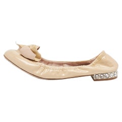 Miu Miu Leather Bow Detail Embellished Heel Scrunch Ballet Flats Size 36.5