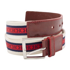 Carolina Herrera Burgundy/White Leather and Canvas Logo Buckle Belt 90CM