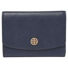 Tory Burch Blue Leather Robinson Flap Trifold Wallet