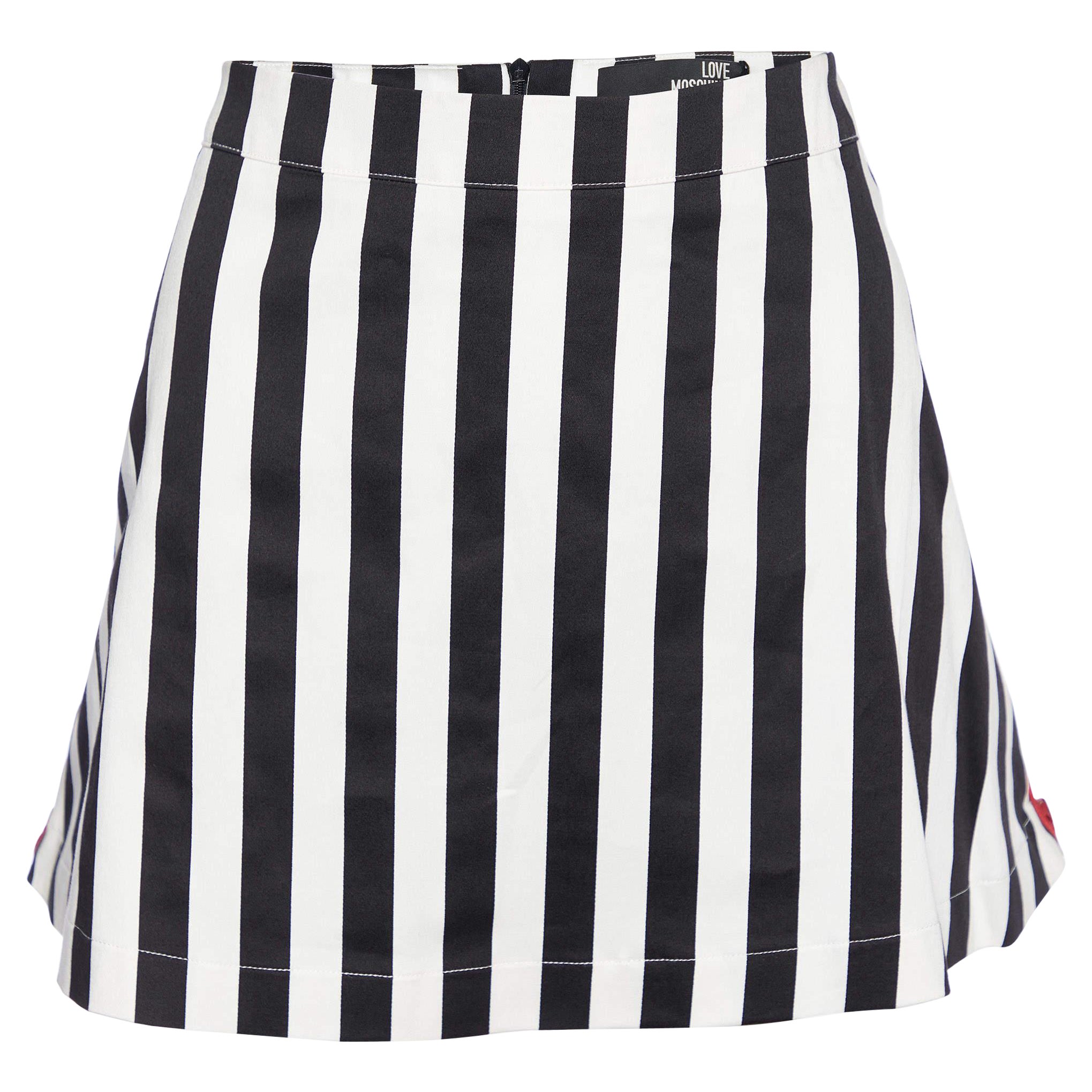 Love Moschino Black & White Striped Cotton Contrast Zip Detail Mini Skirt M For Sale