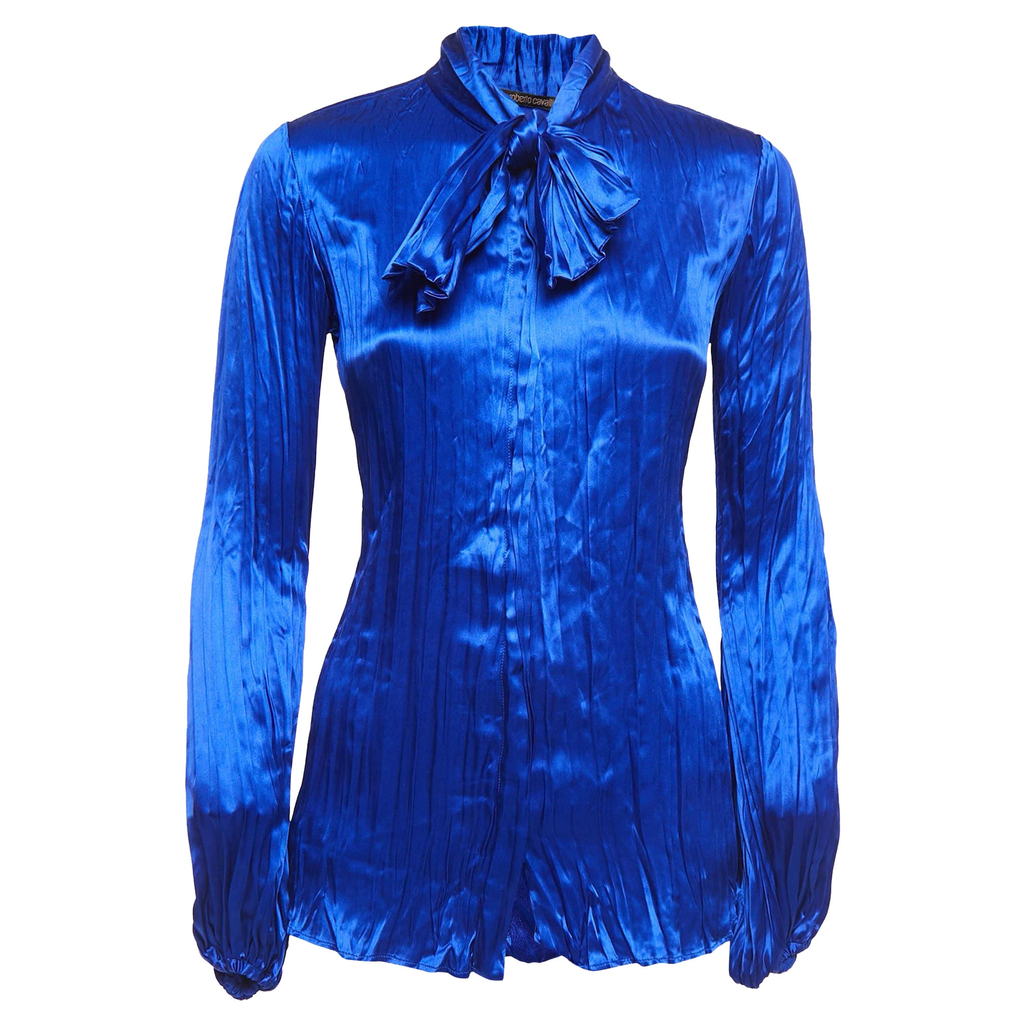 Roberto Cavalli Blue Satin Silk Pleated Tie-Neck Shirt S For Sale