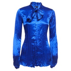Chemise plissée à col noué en satin bleu Roberto Cavalli S