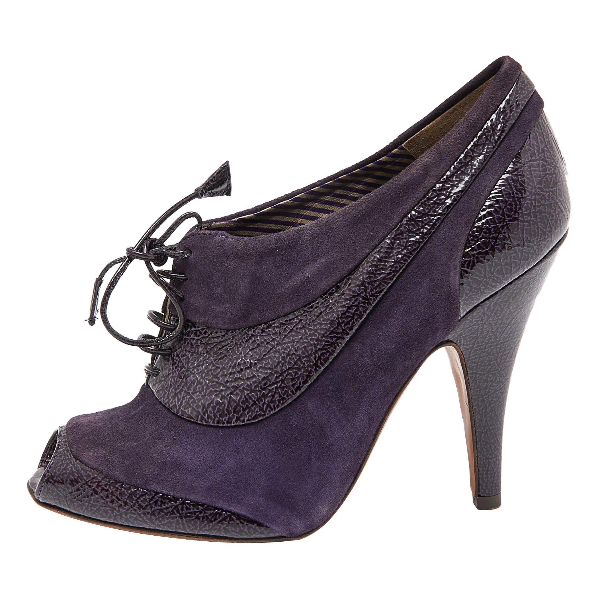 Moschino Purple Suede Textured Leather Lace Up Peep Toe Ankle Booties Size 37.5