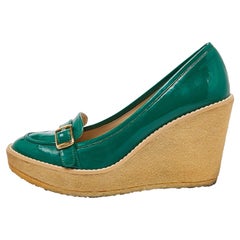 Stella McCartney Green Faux Patent Leather Wedge Loafer Pumps Size 38
