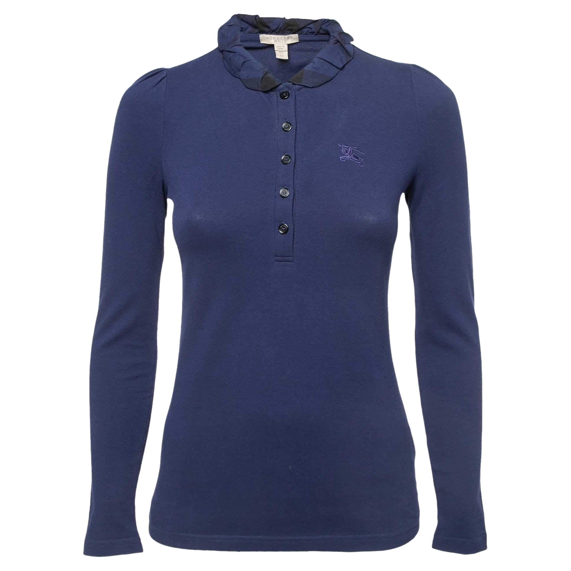Burberry Brit Navy Blue Cotton Ruffled Collar Full Sleeve Polo T-Shirt XS For Sale