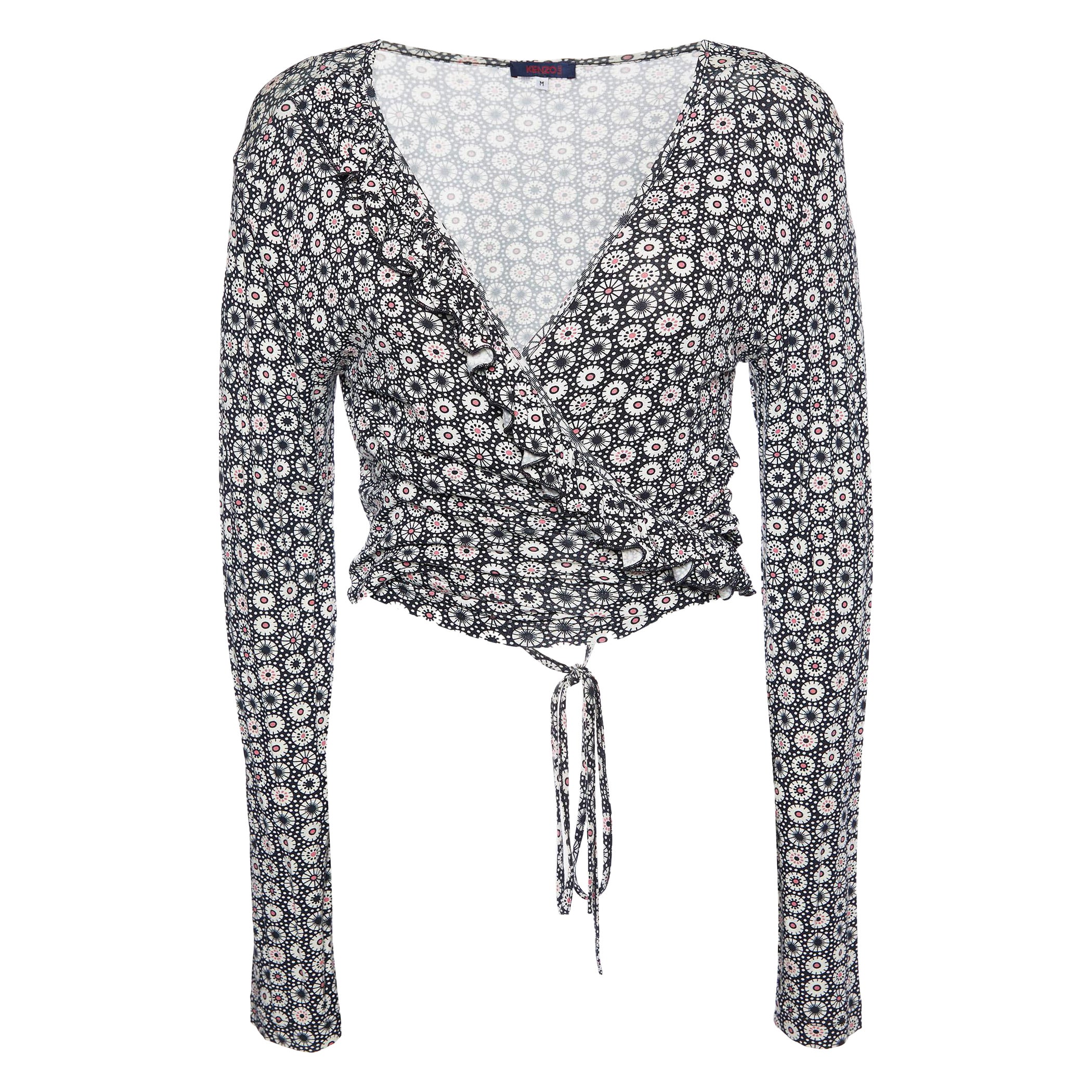 Kenzo Black Printed Knit Wrap Tie Shrug M For Sale