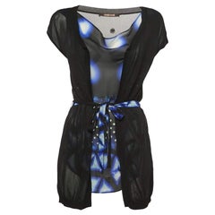 Roberto Cavalli Black/Blue Print Silk & Knit Sleeveless Belted Top S