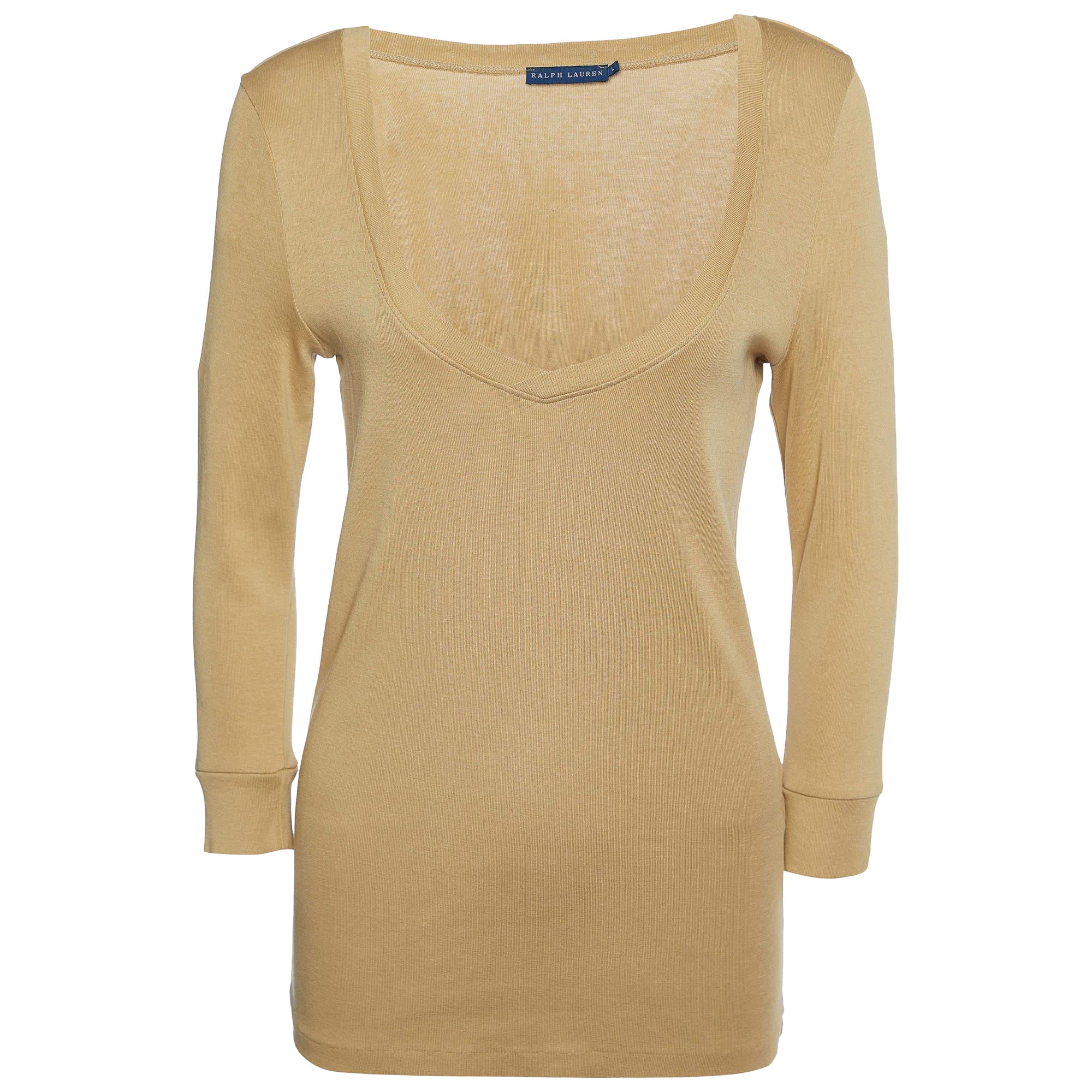 Ralph Lauren Light Brown Cotton Knit Wide V-Neck T-Shirt L For Sale