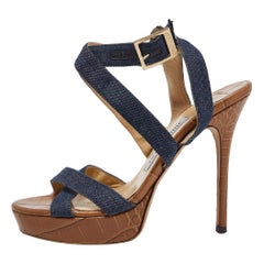 Jimmy Choo Navy Blue Denim Vamp Platform Sandals Size 38