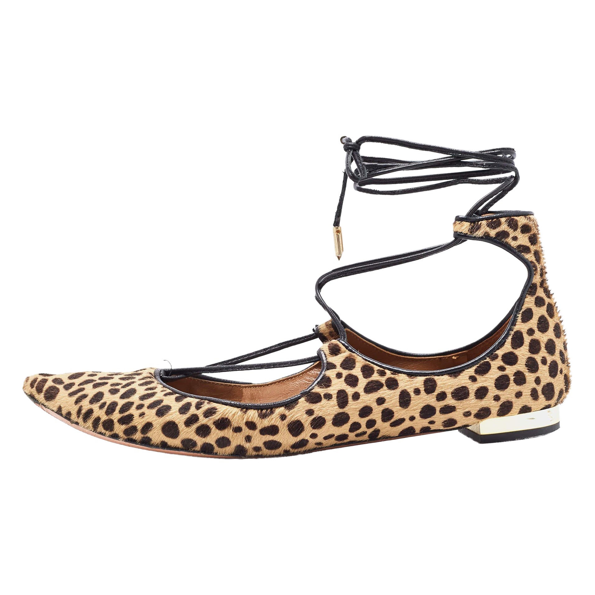 Aquazzura Two Tone Leopard Print Calf Hair Sunshine Ankle Tie Flats Size 35 For Sale