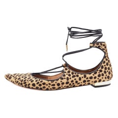 Aquazzura Two Tone Leopard Print Calf Hair Sunshine Ankle Tie Flats Size 35