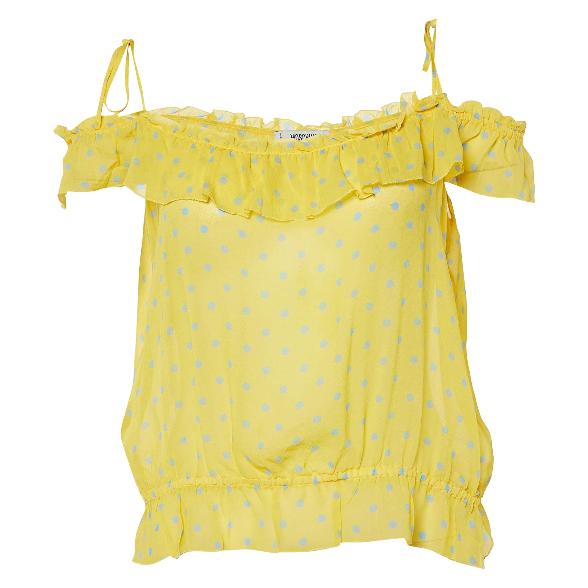 Moschino Cheap and Chic Yellow Polka Dot Printed Silk Ruffle Detail Top L